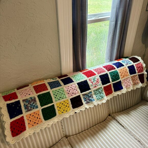 Homemade Knitted Crochet Granny Square Throw Afghan Blanket White 74x56 Roseanne - Picture 2 of 10